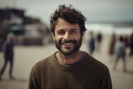 Portrait of handsome man smiling at camera while standing on the beachの素材
