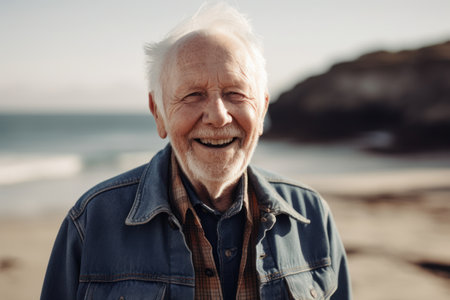 Portrait of a smiling senior man standing on the beach at sunsetの素材