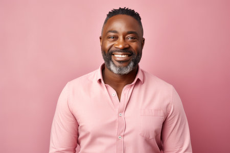 Portrait of smiling african american man looking at camera isolated over pink backgroundの素材