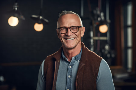 Portrait of a smiling mature man in eyeglasses looking at camera while standing in officeの素材
