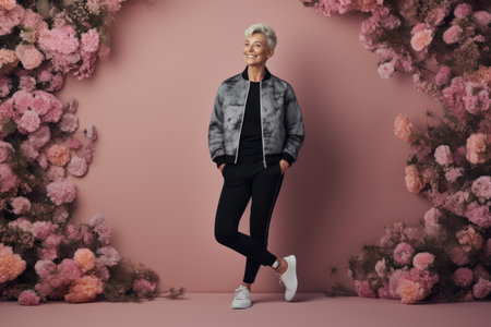 Full length portrait of a happy senior woman posing in front of a pink wall.の素材
