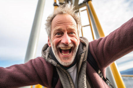 Portrait of happy senior man on ferris wheel in amusement parkの素材