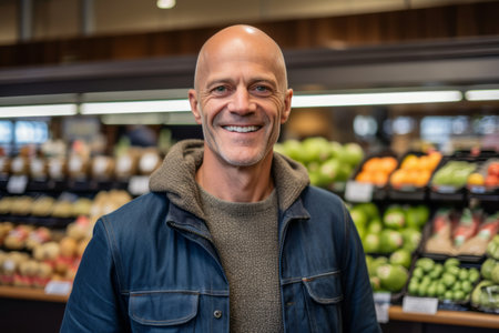 Portrait of smiling mature man standing in grocery store and looking at cameraの素材