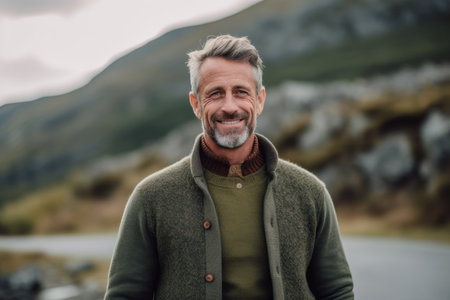 Portrait of a smiling senior man standing outdoors in the countryside.の素材