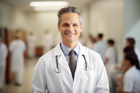 Portrait of a smiling male doctor standing in front of his teamの素材