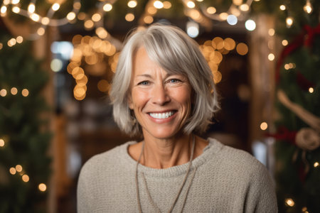 Portrait of smiling senior woman at home in front of christmas treeの素材