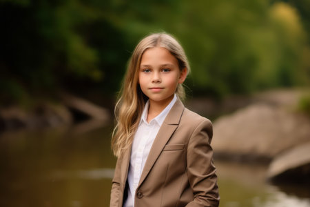 Portrait of a beautiful little girl in a beige suit.の素材