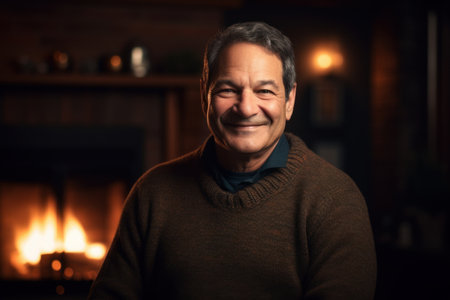 Portrait of a smiling senior man in front of fireplace at homeの素材
