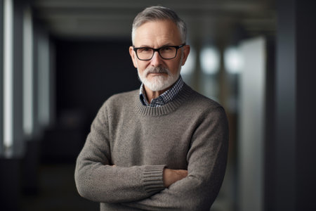 Portrait of senior man with eyeglasses looking at camera in officeの素材