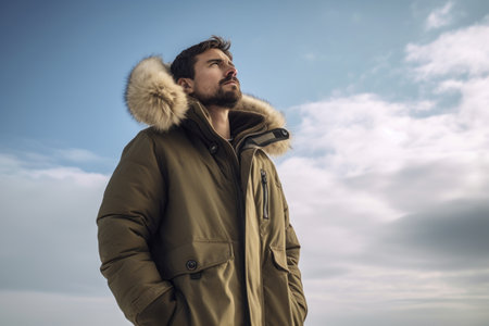 Handsome young man with beard and mustache on serious face in winter coat outdoor on sky backgroundの素材