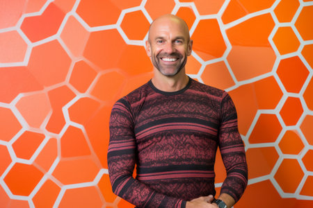 Portrait of a handsome bald man smiling at the camera while standing against orange backgroundの素材