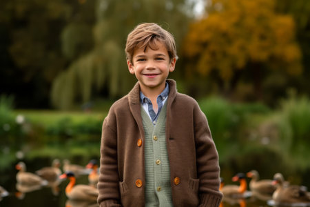 Portrait of a boy in the park with ducks. Autumn season.の素材