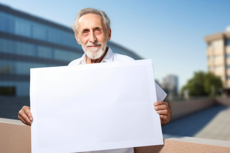 Portrait of a senior man holding a blank sheet of paper outdoorsの素材
