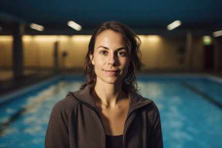 Portrait of a beautiful young woman in a swimming pool at nightの素材