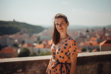 Beautiful young woman on the observation deck in Prague, Czech Republicの素材