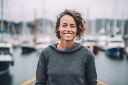 Portrait of smiling woman standing in front of yachts in harborの素材