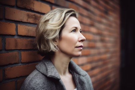 Portrait of a beautiful middle-aged woman standing against brick wallの素材