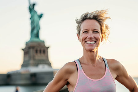 Portrait of happy sportswoman standing in front of Statue of Liberty at sunsetの素材