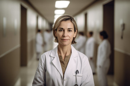 Portrait of a female doctor standing in corridor of a hospital.の素材