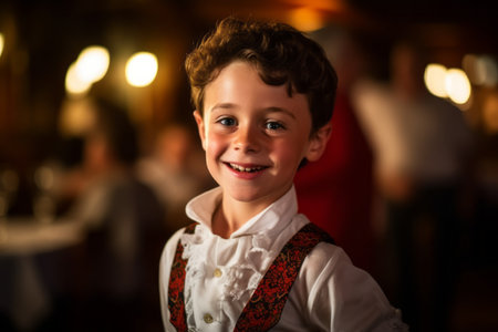 Portrait of smiling boy in traditional Bavarian costume at bar counterの素材
