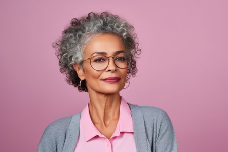 Portrait of beautiful mature woman in eyeglasses on pink backgroundの素材