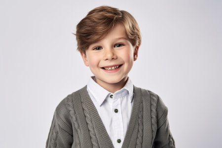 Portrait of a smiling little boy in a sweater on a gray backgroundの素材