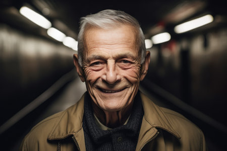 Portrait of a smiling senior man in a subway station. Looking at camera.の素材