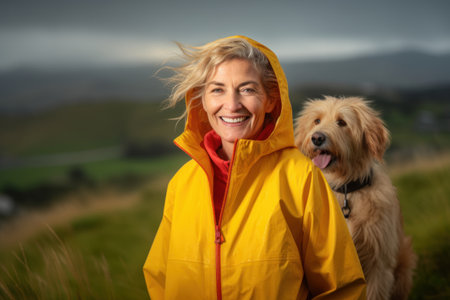 Portrait of happy woman in raincoat with golden retriever dogの素材