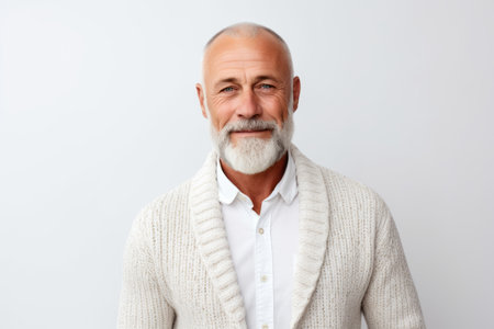 Portrait of handsome mature man with white beard and mustache in white sweater.の素材