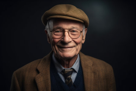 Portrait of an old man in a cap on a dark backgroundの素材