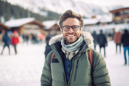 Portrait of a handsome young man with glasses and a backpack in the mountainsの素材