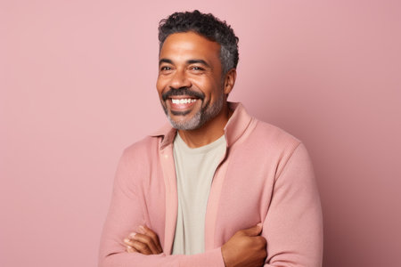 Portrait of a smiling middle-aged Indian man standing with arms folded against pink backgroundの素材