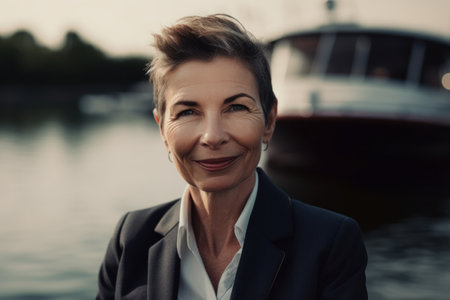 Portrait of a smiling mature businesswoman on the background of a riverの素材