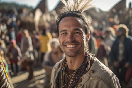 Portrait of young man in native american costume smiling at cameraの素材