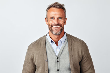 Portrait of a handsome mature man smiling and looking at camera isolated over white backgroundの素材