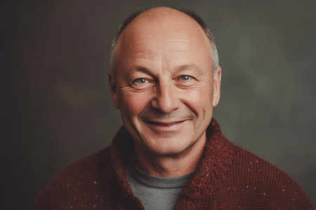 Portrait of a smiling senior man in a red sweater on a gray backgroundの素材