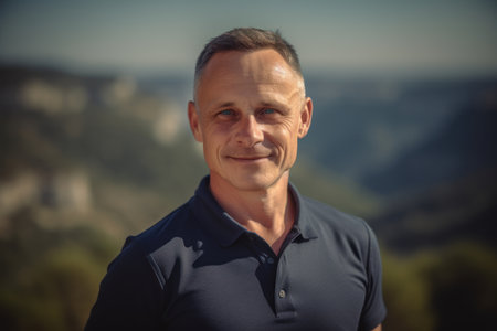 Handsome middle-aged man in polo shirt standing on top of a mountain and looking at the cameraの素材