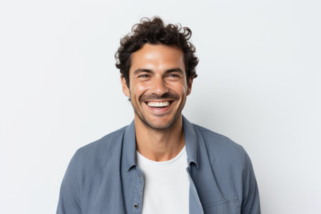 Portrait of a happy young man smiling at camera over white backgroundの素材