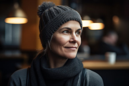Portrait of smiling woman in hat and scarf looking away in cafeの素材