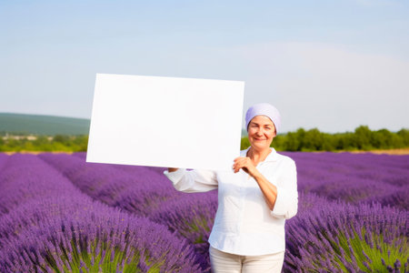 Mature woman in lavender field with white blank board for copy spaceの素材