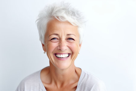 Close up portrait of a happy senior woman laughing against a white backgroundの素材