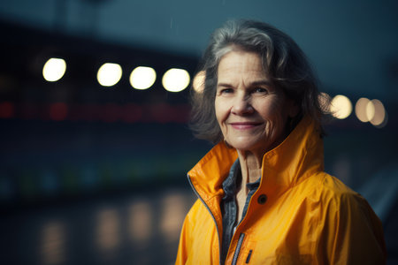 Portrait of smiling senior woman in yellow raincoat on urban backgroundの素材
