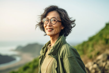 Portrait of happy senior woman in eyeglasses standing on top of mountain and looking at cameraの素材