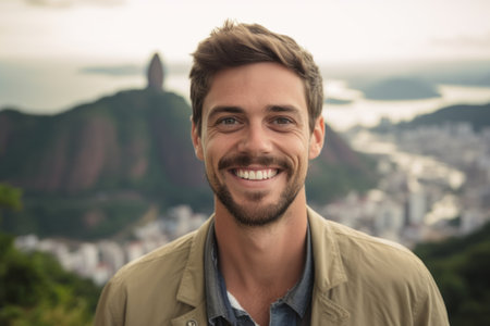 Portrait of handsome man smiling at camera while standing on top of a mountainの素材