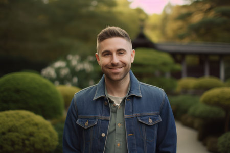 Portrait of a handsome young man in a Japanese gardenの素材