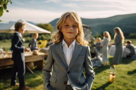 Portrait of a cute little girl in a suit standing in front of her family.の素材