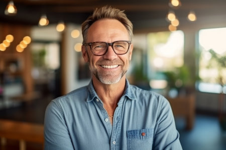 Portrait of smiling mature man in eyeglasses standing in cafeの素材