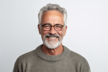 Portrait of happy senior man with gray hair and eyeglasses on white backgroundの素材