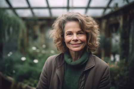 Portrait of smiling senior woman with curly hair in the garden.の素材