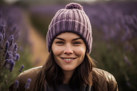 Portrait of beautiful young woman in lavender field at sunset.の素材